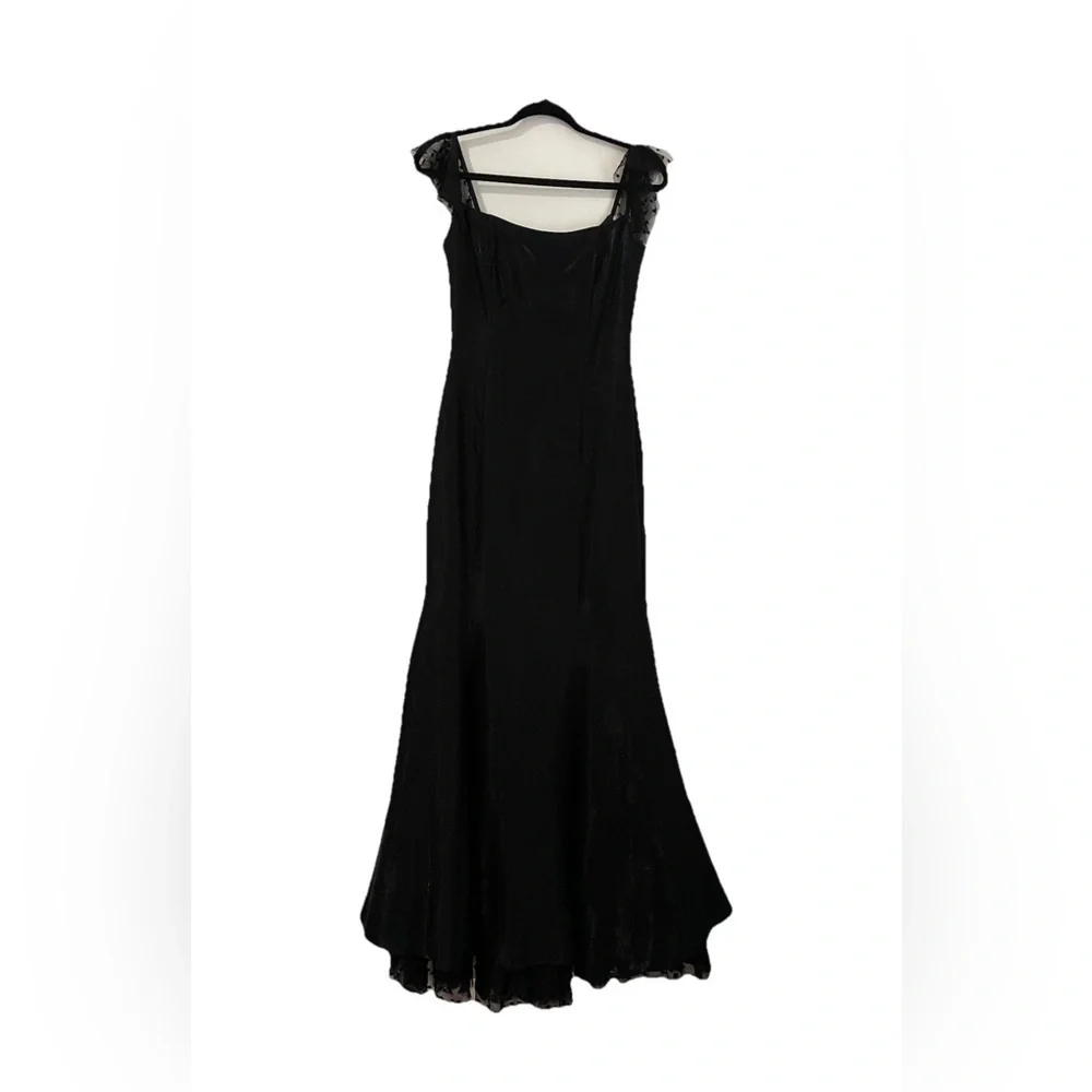 VTG Jessica McClintock Gunne Sax Black Satin Evening Gown Dotted Tulle Ruffle 5 - Picture 1 of 13
